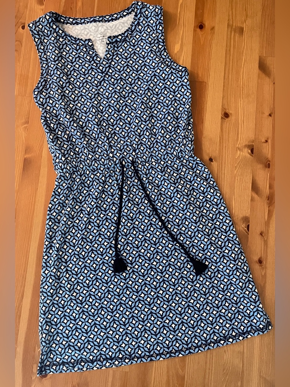 T by Talbots Blue Geometric Sleeveless Drawstring Mini Dress Small petite.